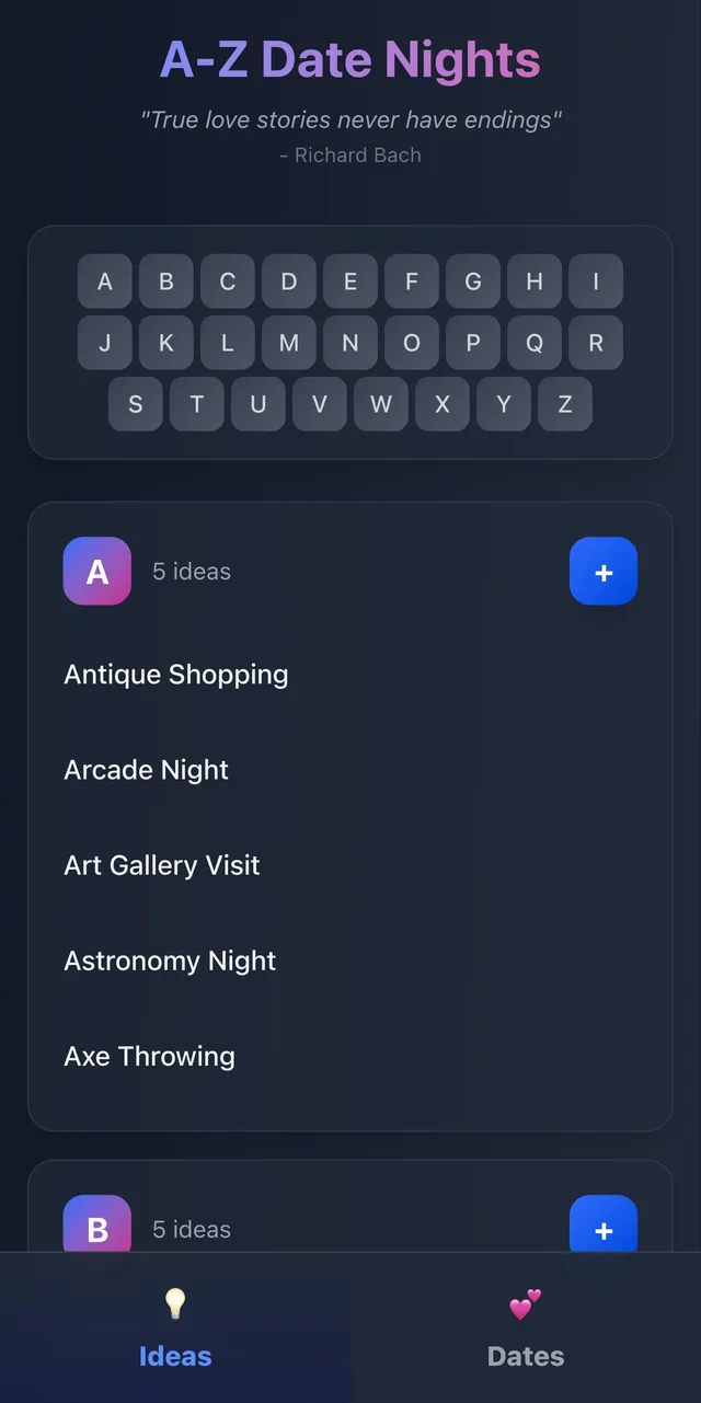 Screenshot of A-Z Date Nights
