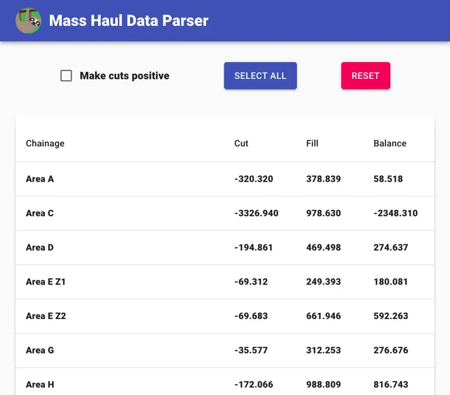 Screenshot of "Mass Haul Data Parser"