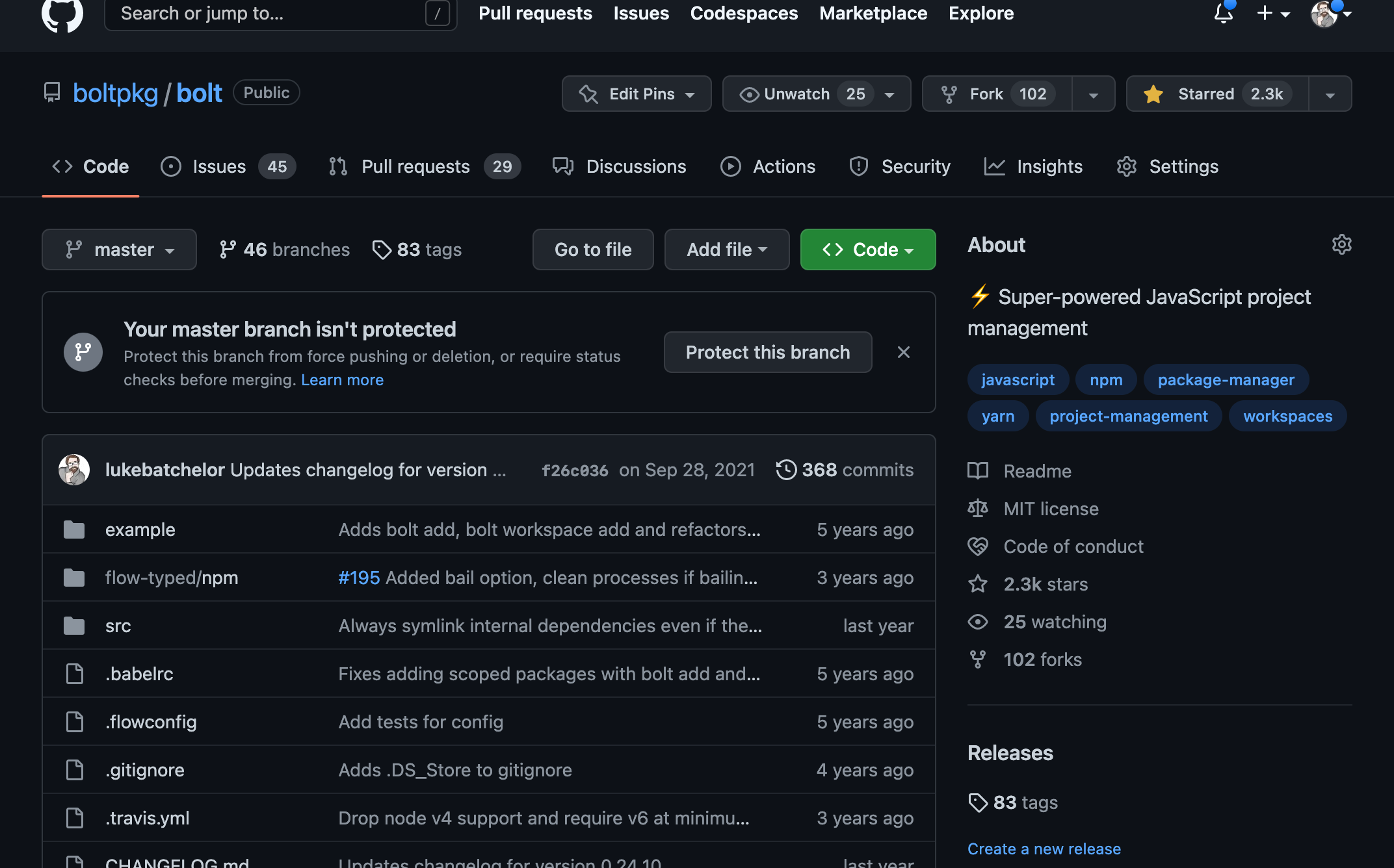 Screenshot of the "Bolt" github repo